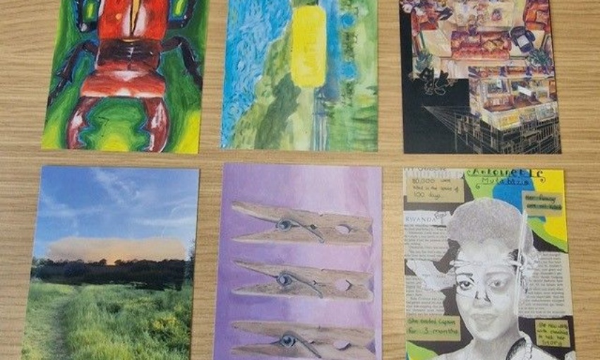 Image shows 6 designs - a beetle, a painted landscape, a drawing of a room, a photographic collage of a landscape, a drawing of 3 pegs, a collage